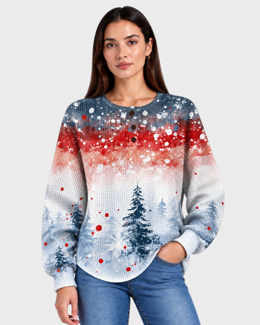 Emma – Maglia Henley con motivo invernale in blu | Luna Moda