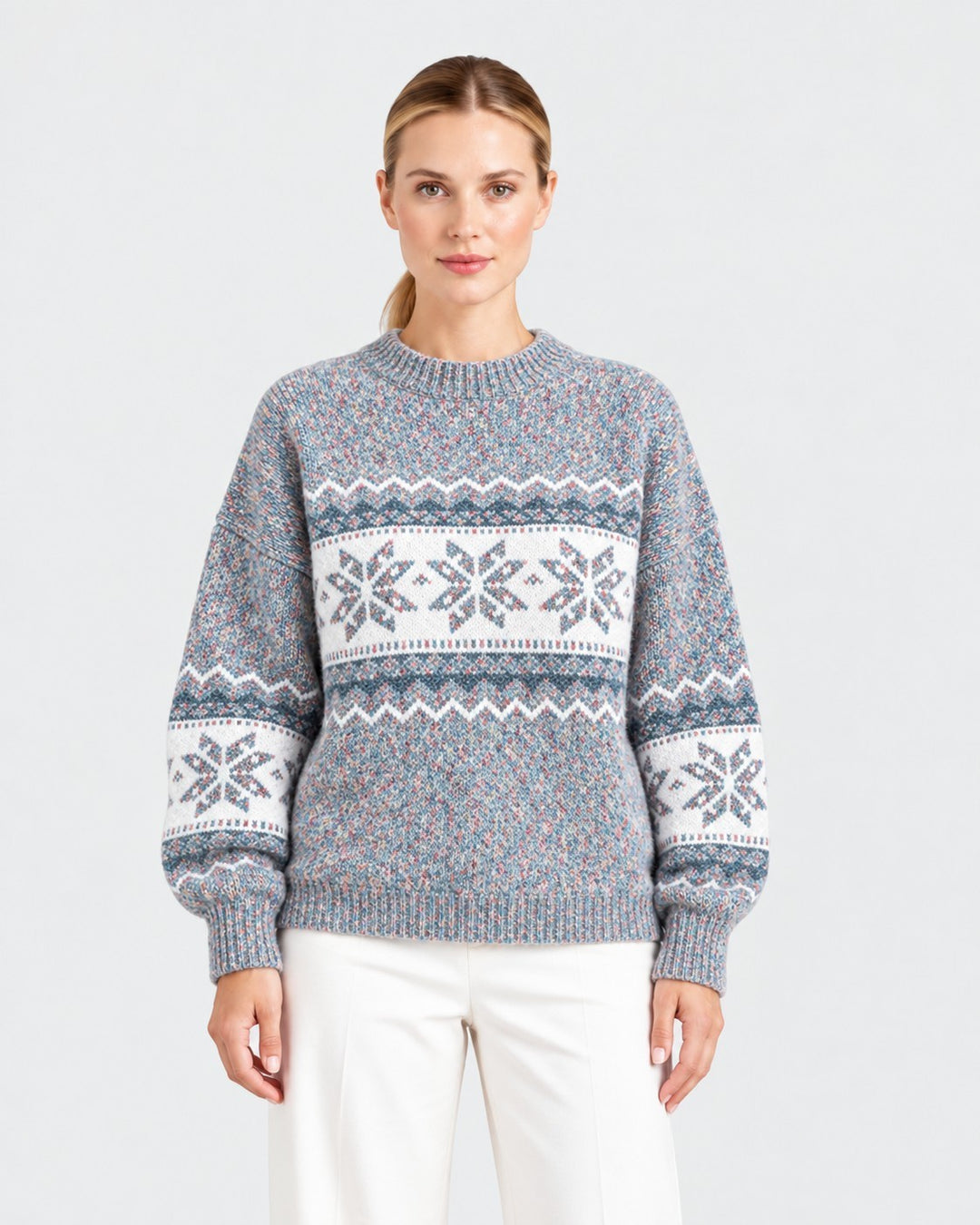 Luna Moda Enrica sweater with blue and white Nordic snowflake pattern, featuring a cozy crew neck and soft knit.