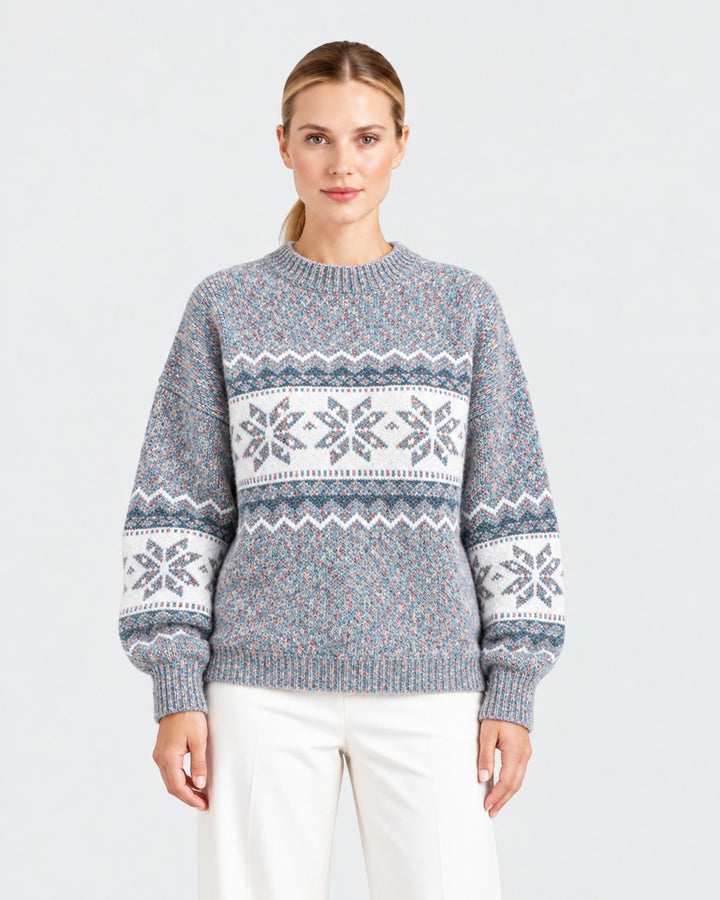Luna Moda Enrica sweater with blue and white Nordic snowflake pattern, featuring a cozy crew neck and soft knit.