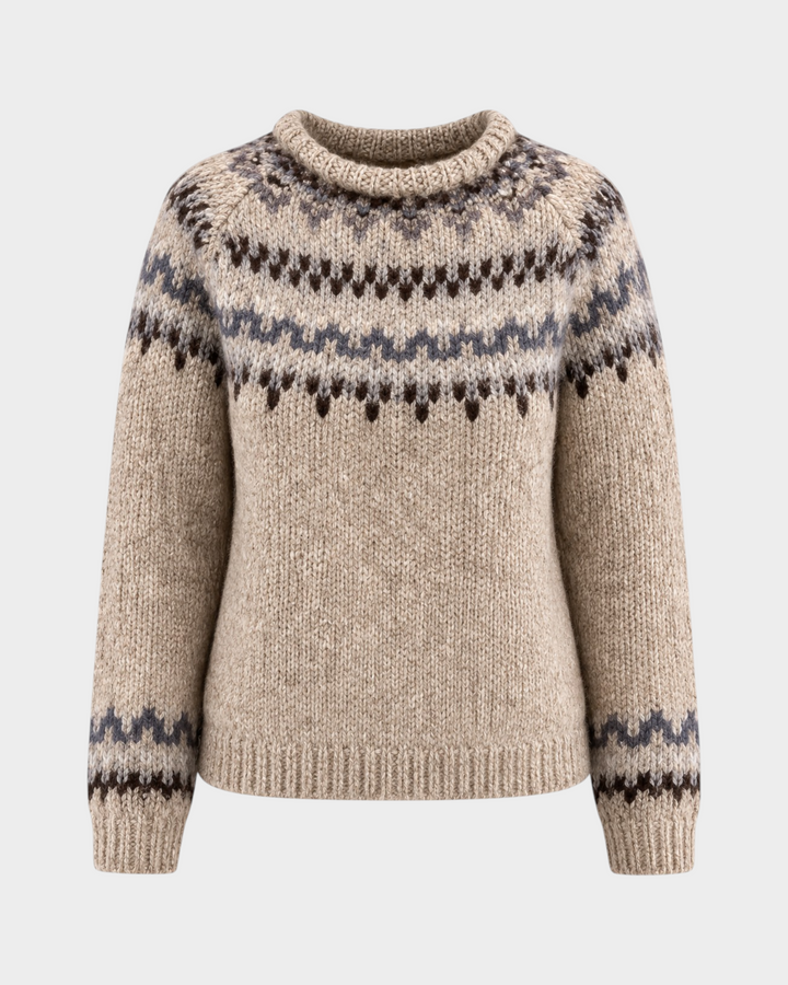 Luna Moda Erica handmade beige Icelandic sweater with a high neck and brown and grey jacquard pattern