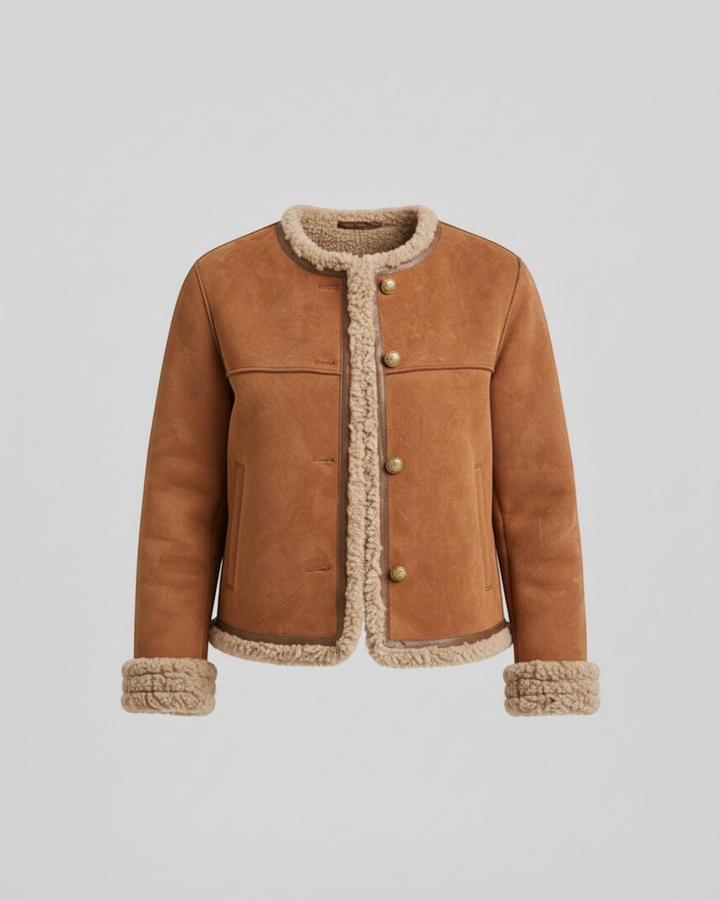Luna Moda ESTER brown suede winter jacket with faux fur lining and gold button details