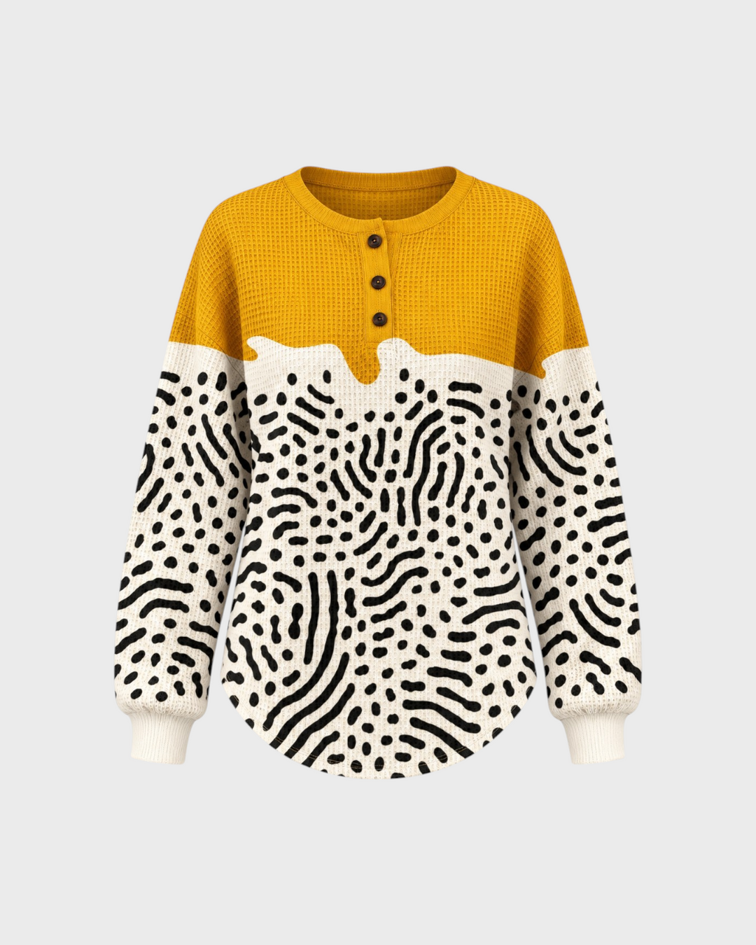 Eva – Maglia Henley grafica in senape | Luna Moda