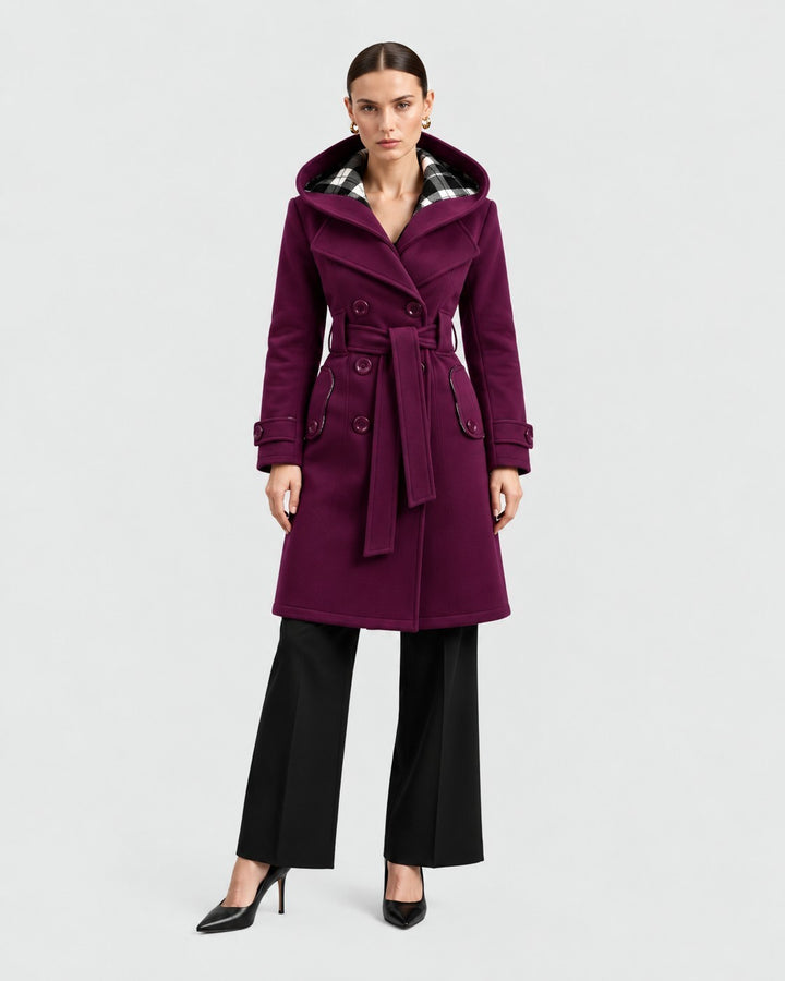 Luna Moda Evelina purple winter coat with hood, belted waist, and plaid lining worn by a model