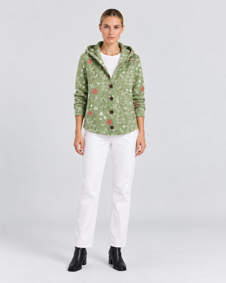 Luna Moda Federica green festive hooded cardigan with white snowflake and red flower print worn with white jeans
