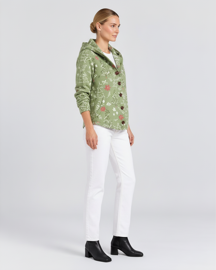 Luna Moda green cardigan with hood, featuring a white Christmas tree print and brown button-down front.