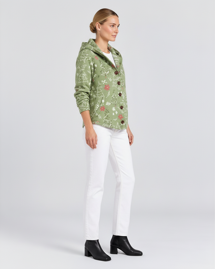 Luna Moda green cardigan with hood, featuring a white Christmas tree print and brown button-down front.
