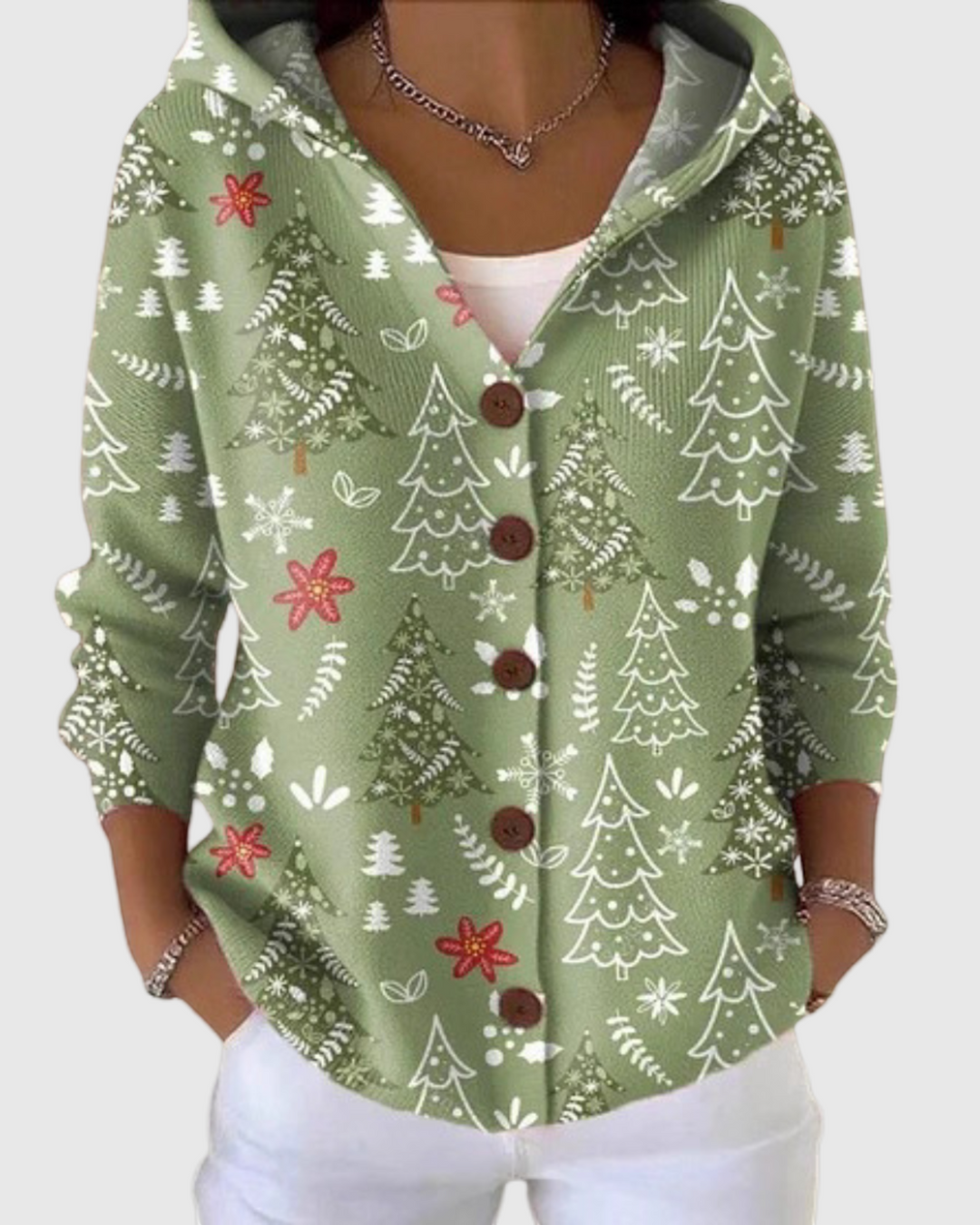 Luna Moda green festive cardigan with hood, featuring a white Christmas tree print and brown button-down front.