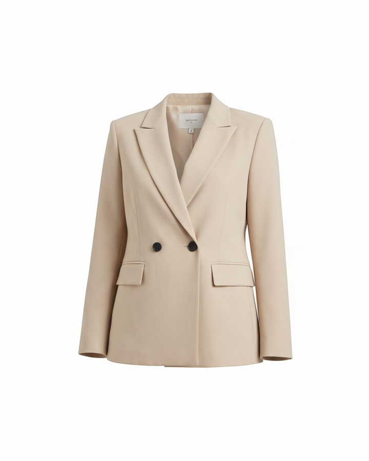 Luna Moda Felicia beige double-breasted blazer with a tailored waist and padded shoulders in premium stretch fabric.