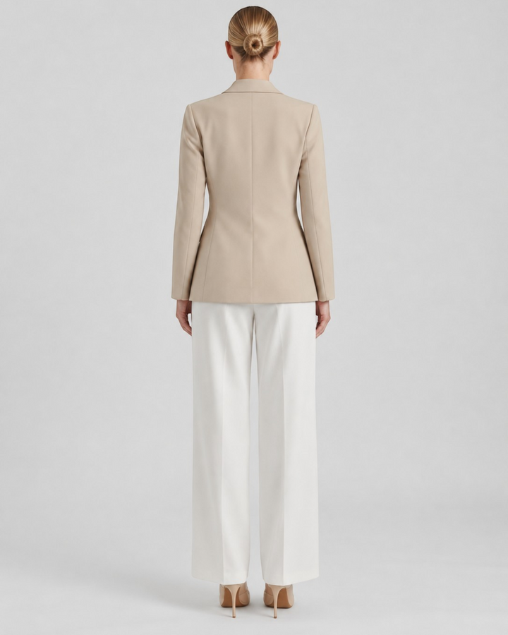 Luna Moda Felicia long beige blazer with tailored waist and padded shoulders, back view on a model