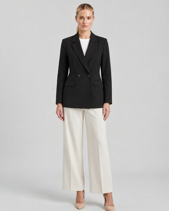 Luna Moda Felicia long black tailored blazer with padded shoulders and defined waist worn with white wide-leg trousers