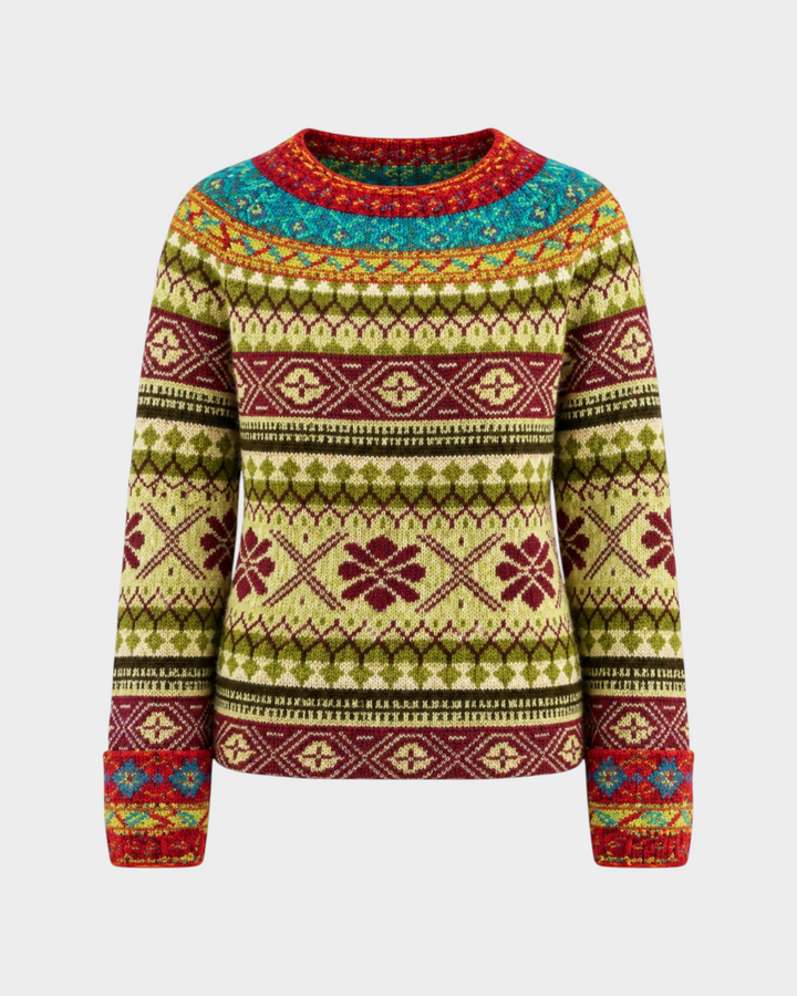 Luna Moda Flavia handmade sweater featuring a vibrant retro Nordic pattern in red, green, and blue wool knit.