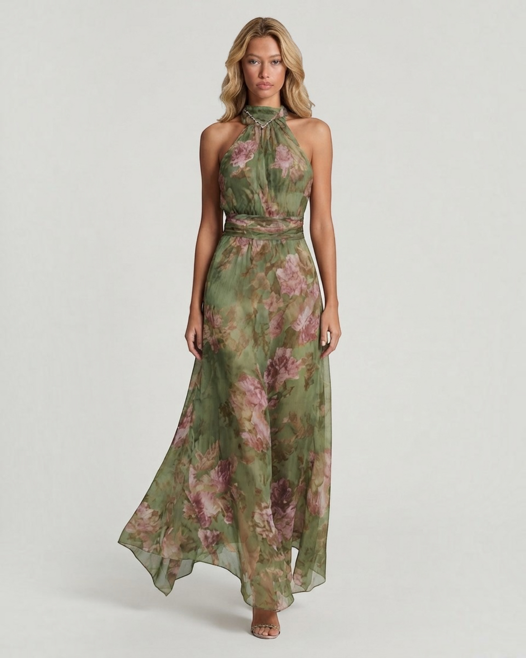 Luna Moda floral print maxi dress with a halter neckline and flowing skirt worn by a blonde model