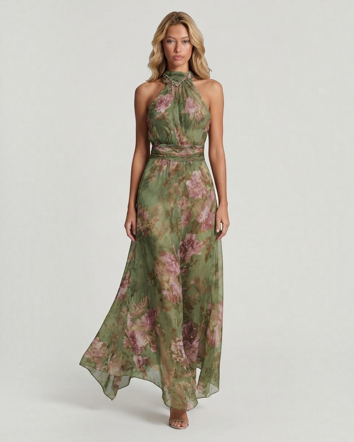 Luna Moda floral print maxi dress with a halter neckline and flowing skirt worn by a blonde model