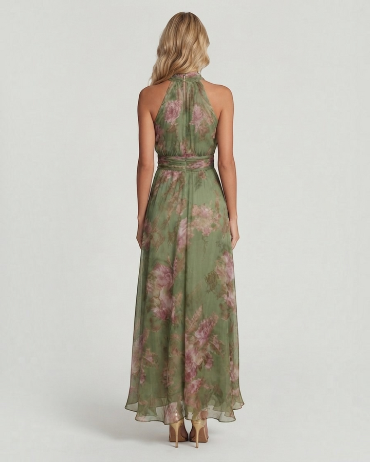 Luna Moda floral print maxi dress with a halter neckline and flowing skirt, back view on a blonde model.