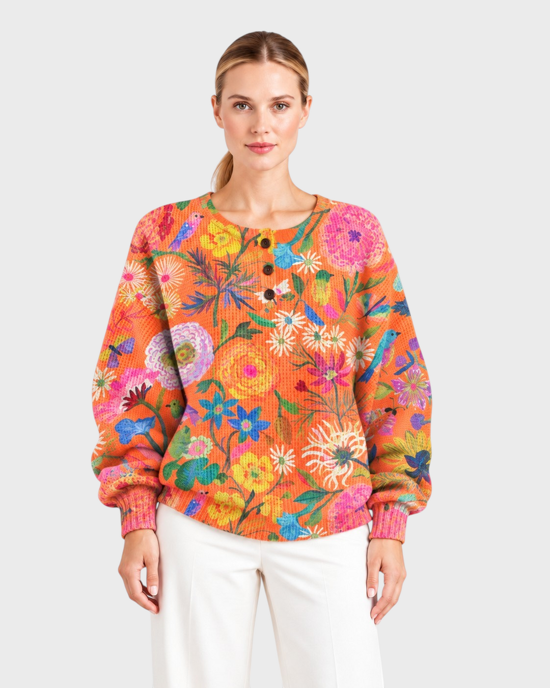 Domenica – Maglia Henley floreale in arancione | Luna Moda