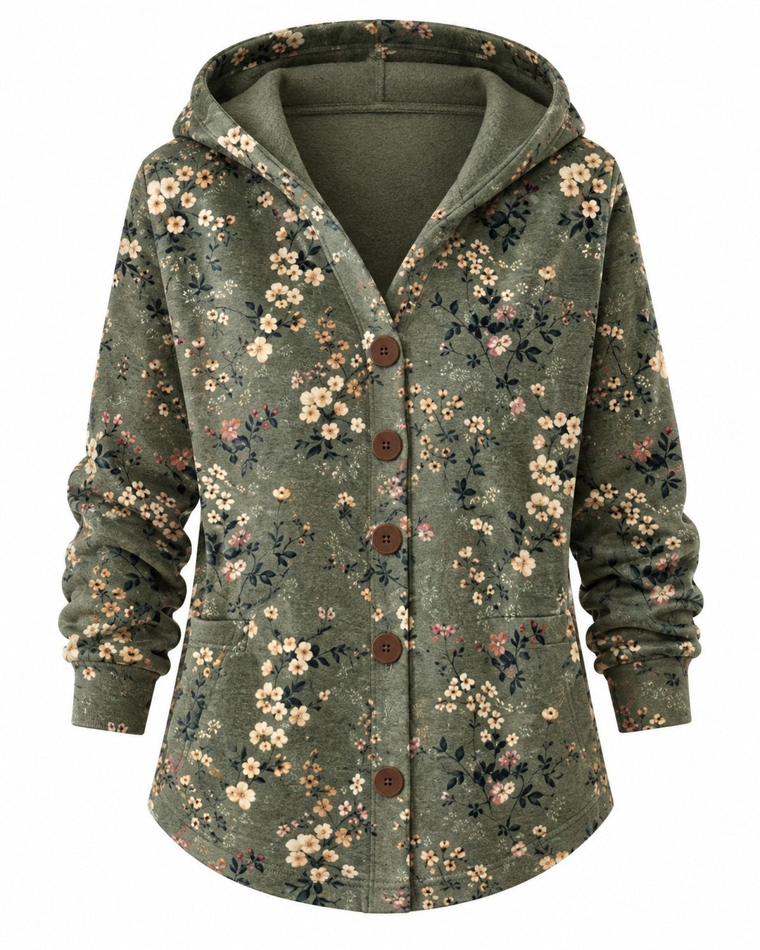Luna Moda floral print knit cardigan in olive green with a hood, front button closure, and two side pockets.