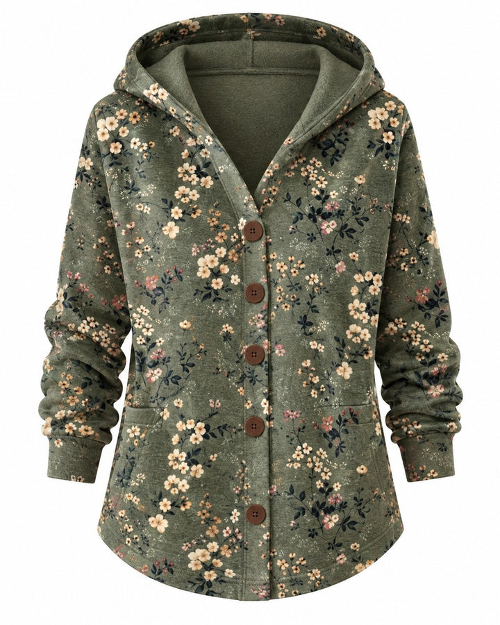 Luna Moda floral print knit cardigan in olive green with a hood, front button closure, and two side pockets.
