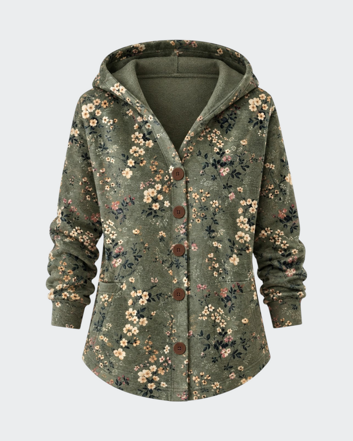 Luna Moda floral print knit cardigan in olive green with a hood, front button closure, and two side pockets.