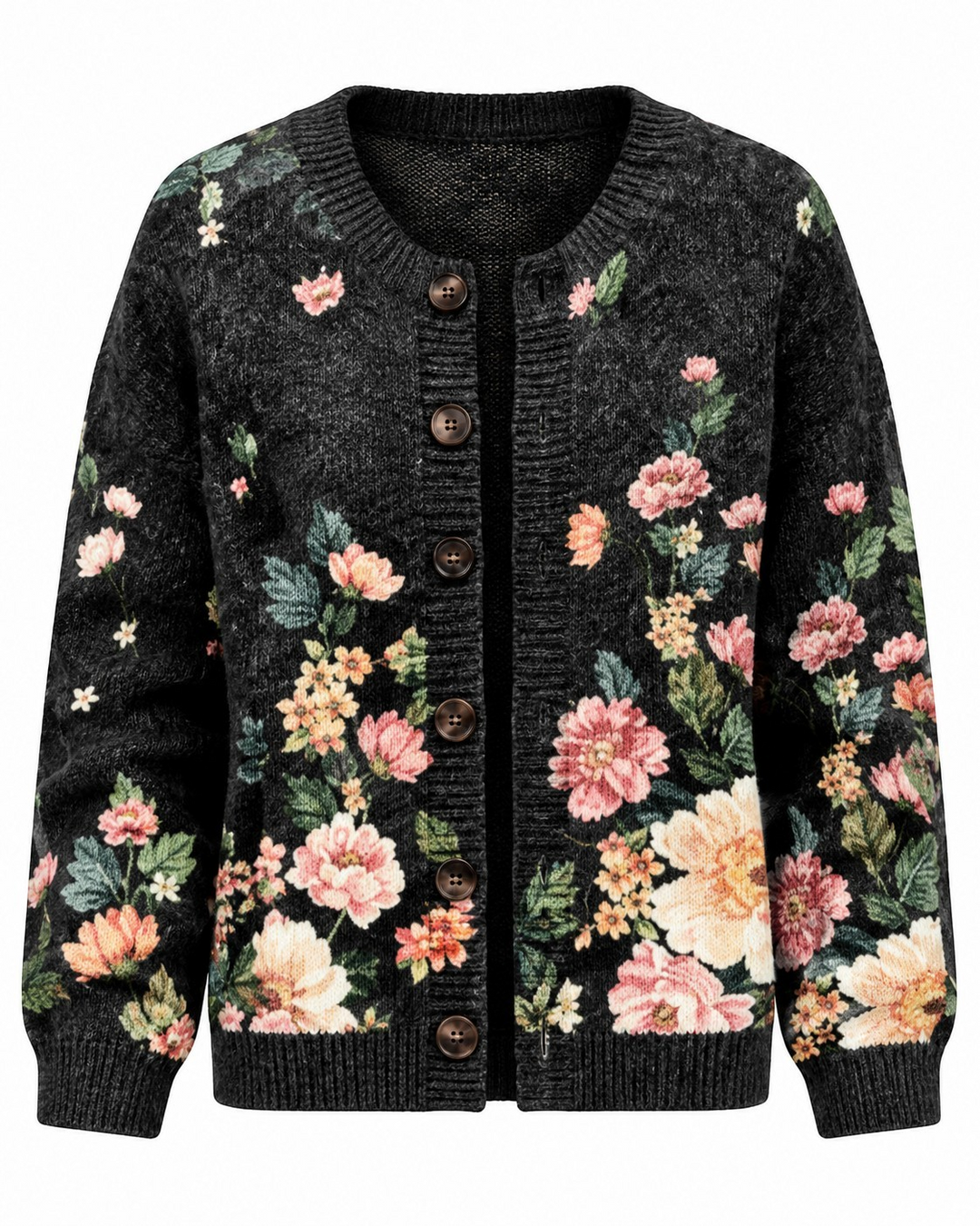 Luna Moda Costanza vintage floral knit cardigan in black with pink and sage green botanical print and dark buttons