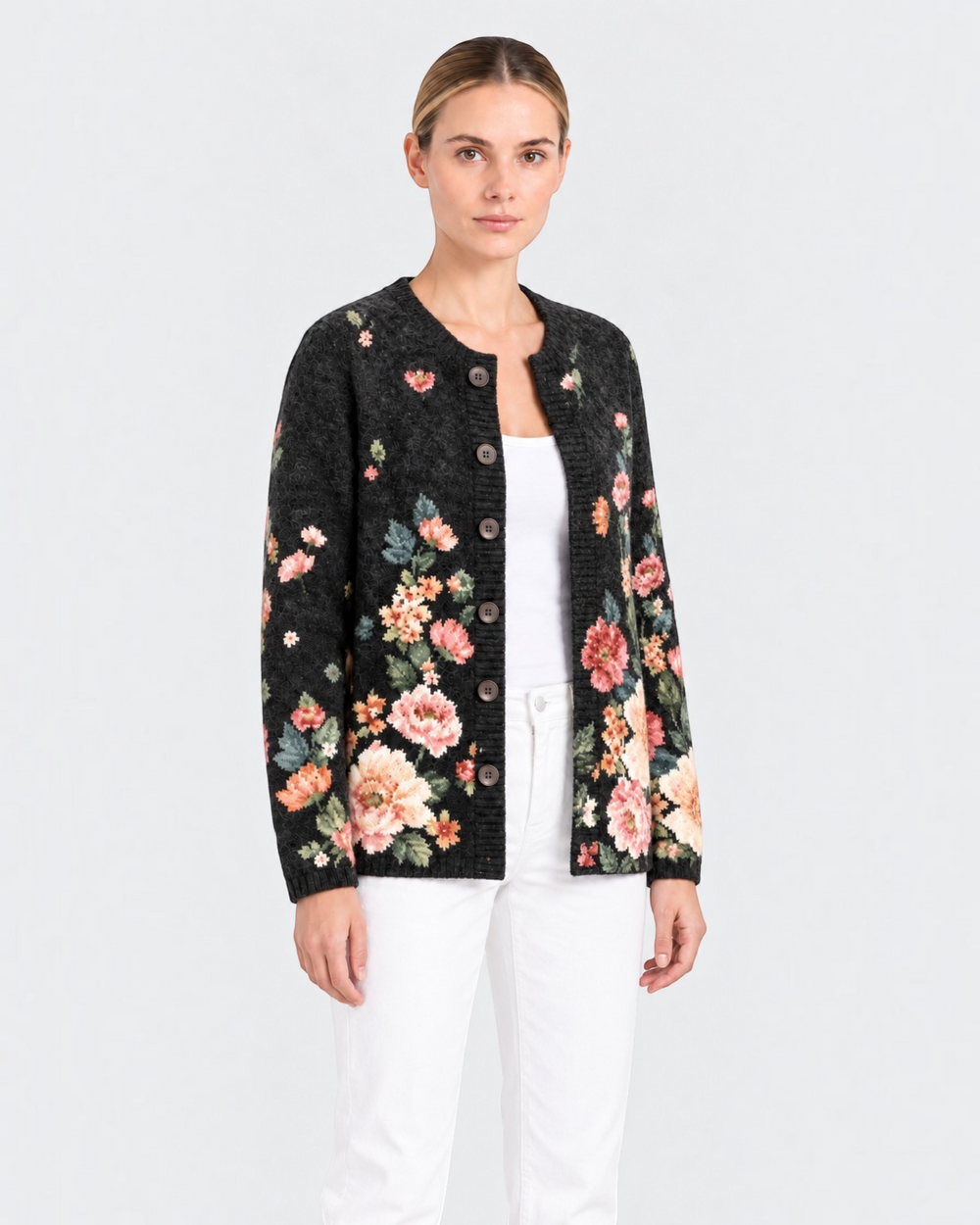 Luna Moda Costanza vintage floral knit cardigan in black with pink and sage green flowers and dark button front.