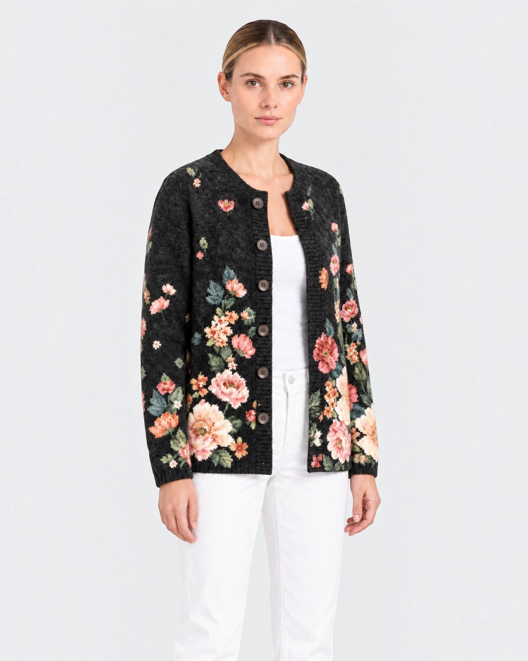 Luna Moda Costanza vintage floral knit cardigan in black with pink and sage green flowers and dark button front.