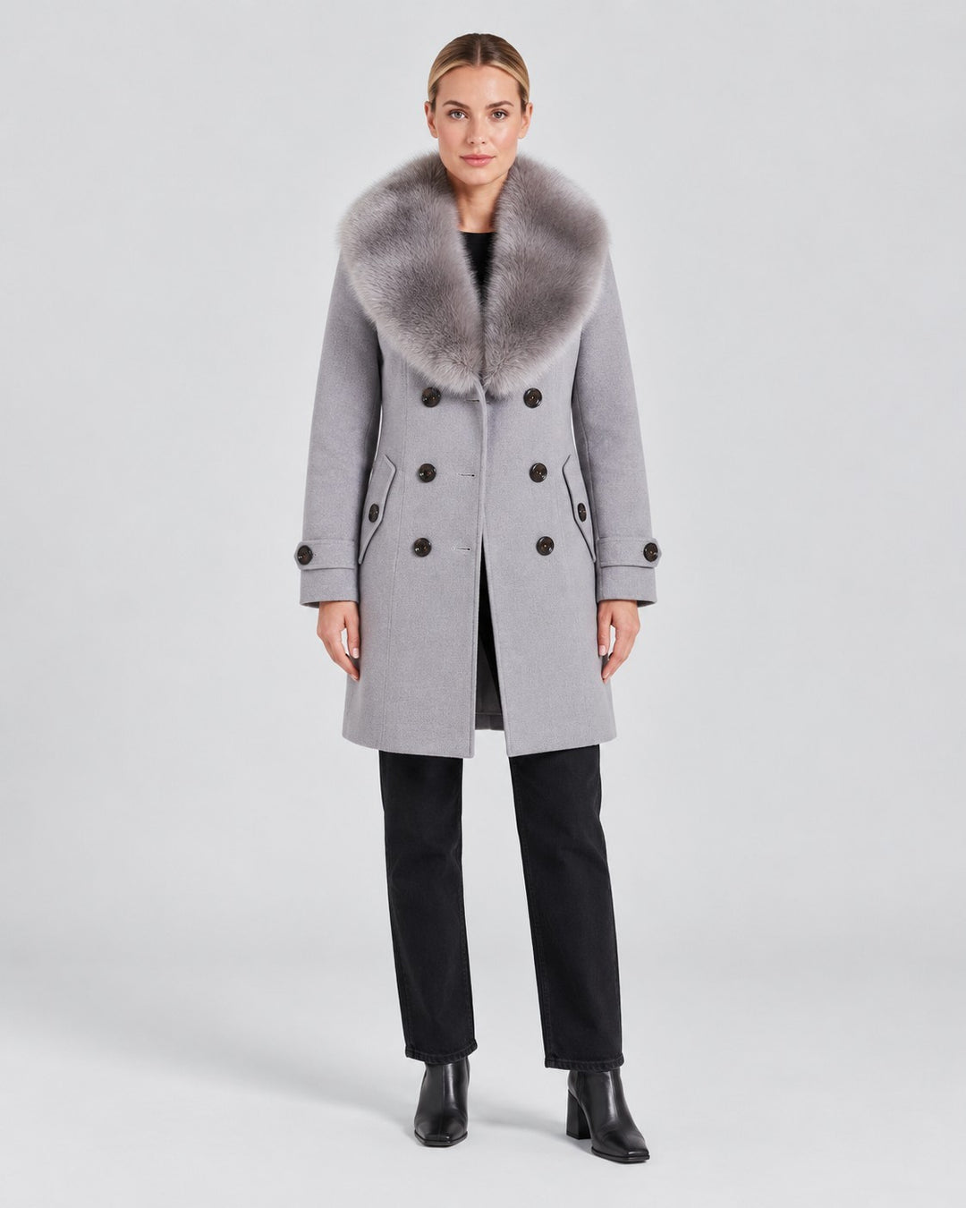 Luna Moda Franca short grey tailored winter coat with a plush faux fur collar and double-breasted button closure.