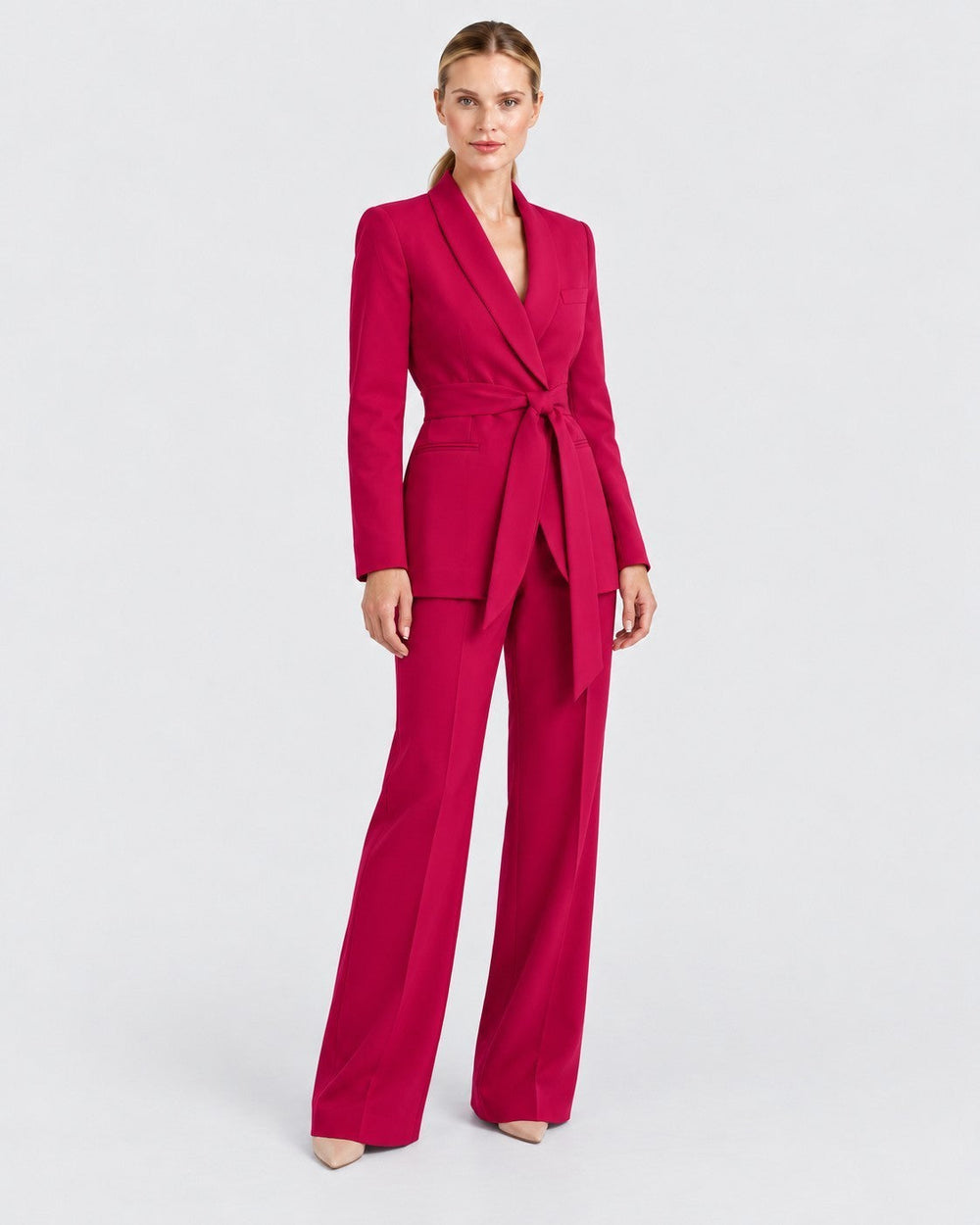 Luna Moda fuchsia two-piece suit with a belted slim-fit blazer and wide-leg trousers on a model