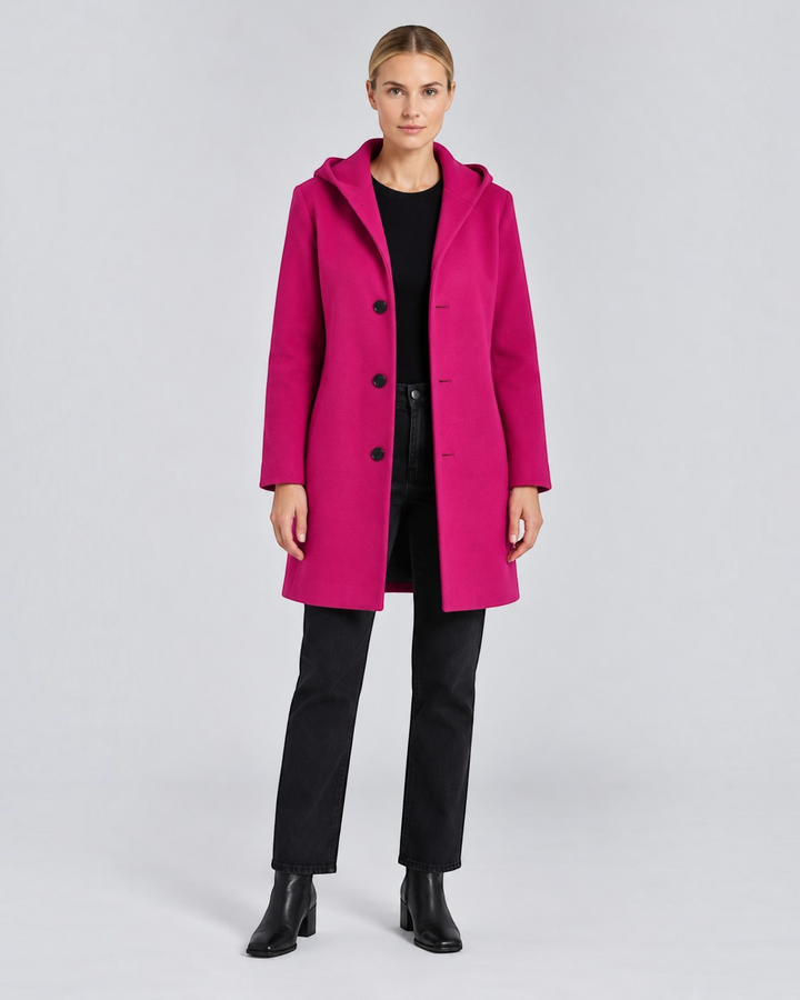 Luna Moda short fuchsia hooded coat with button closure worn by a model with black jeans and boots