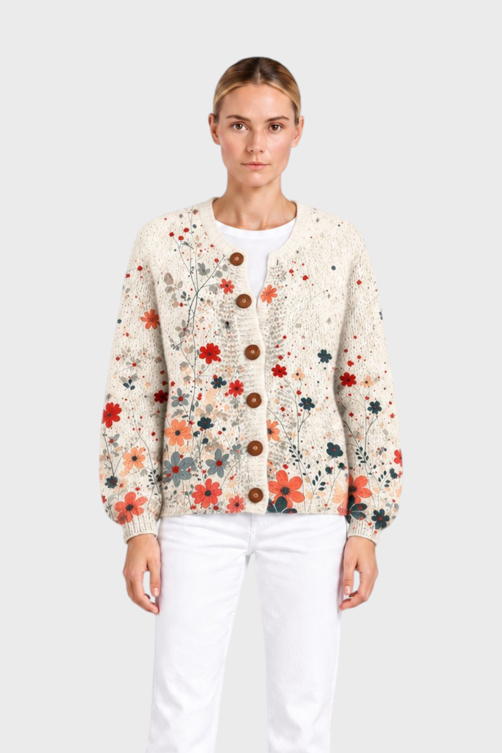 Luna Moda Gabriella vintage knit cardigan with floral print in red and sage, button-front, worn with white jeans