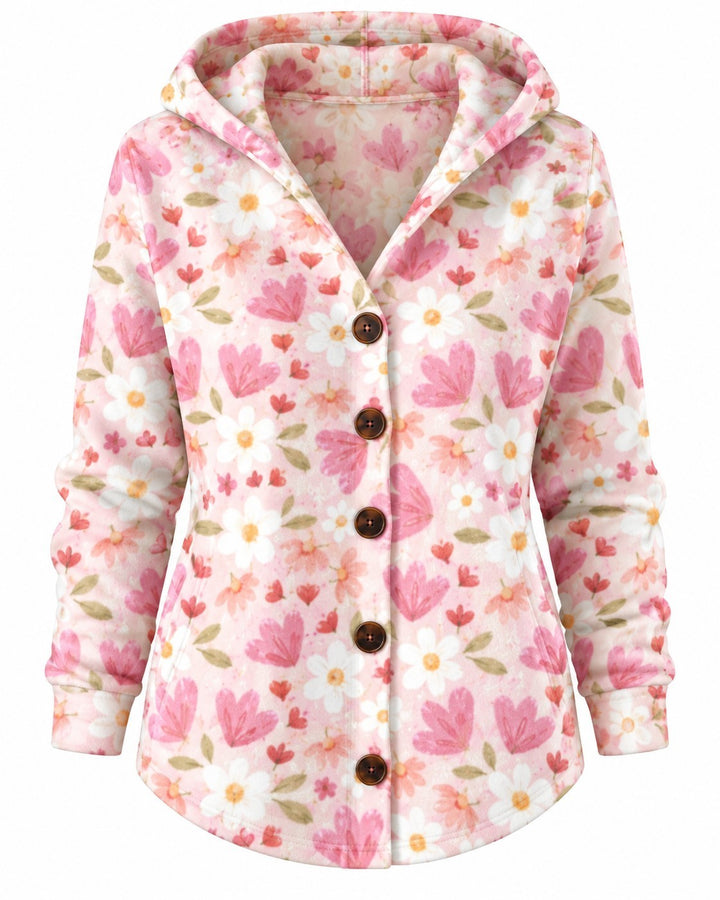 Luna Moda Gaia cardigan with a hood, featuring a soft pink floral and heart print and brown button-front closure.
