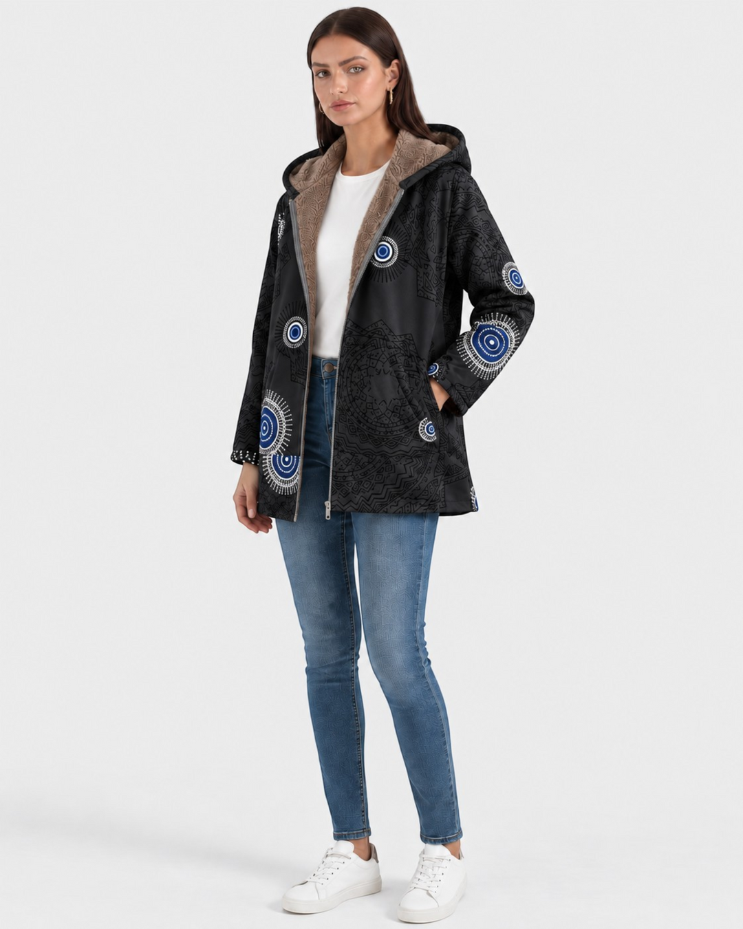 Luna Moda black hooded jacket with geometric patterns and soft sherpa lining worn by a woman with jeans