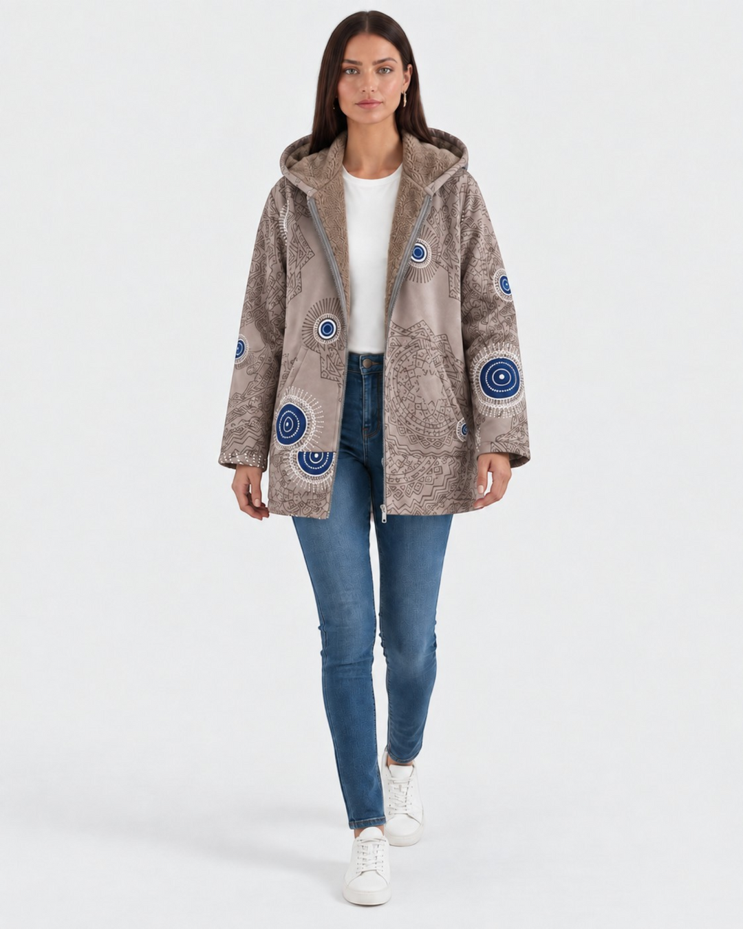Luna Moda Aurora hooded jacket in beige with geometric patterns and soft sherpa lining worn by a model