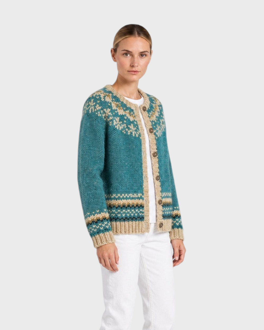 Luna Moda Giada cardigan in teal with a cream Nordic pattern, featuring a button-up front and soft knit texture.