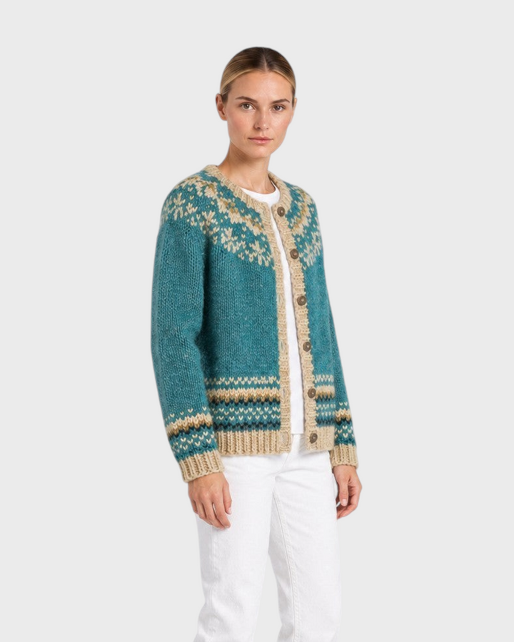 Luna Moda Giada cardigan in teal with a cream Nordic pattern, featuring a button-up front and soft knit texture.
