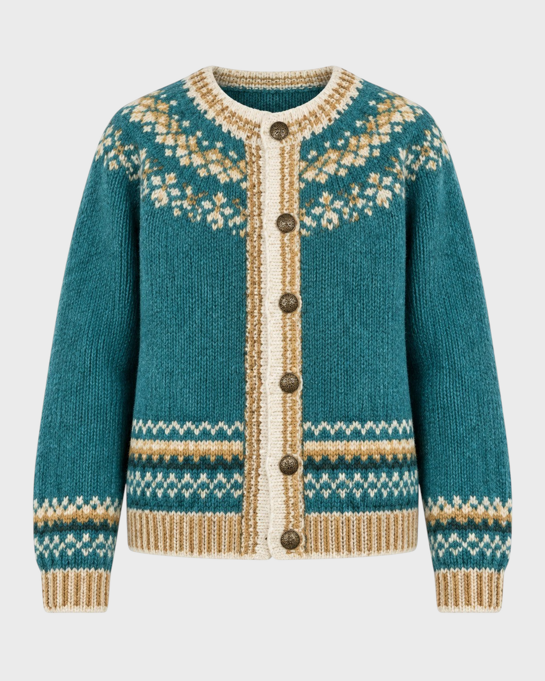 Luna Moda Giada handmade teal cardigan with cream and brown Nordic patterns, featuring a button-up front.