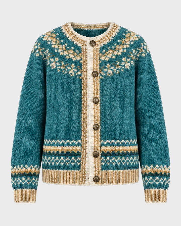 Luna Moda Giada handmade teal cardigan with cream and brown Nordic patterns, featuring a button-up front.