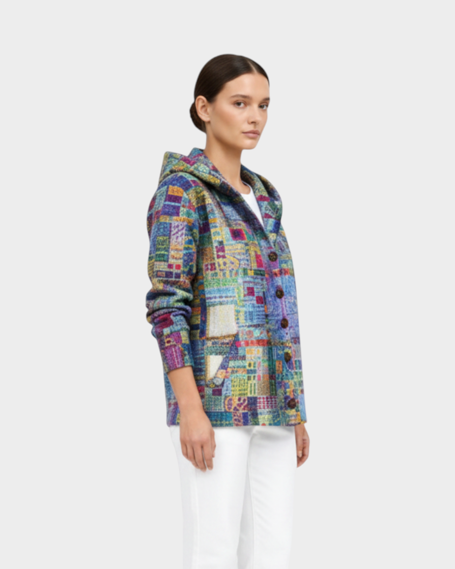 Luna Moda Giorgia knit cardigan with hood and button-down front in vibrant multi-colored pattern