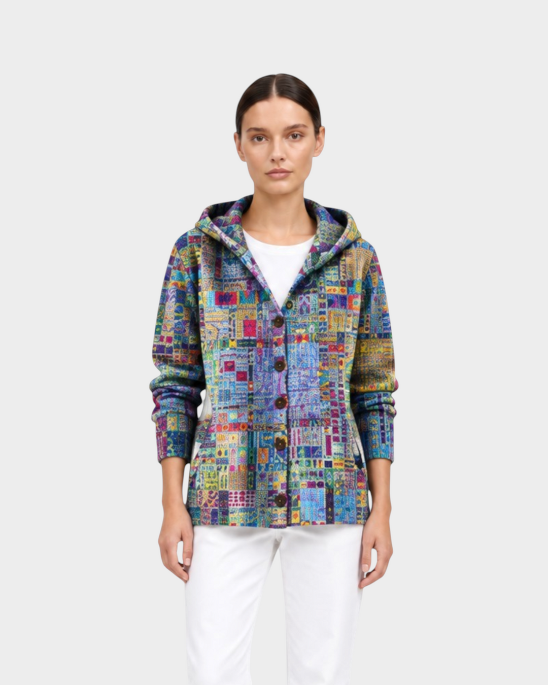 Luna Moda Giorgia patchwork knit cardigan with hood, worn by a model with white trousers and black boots