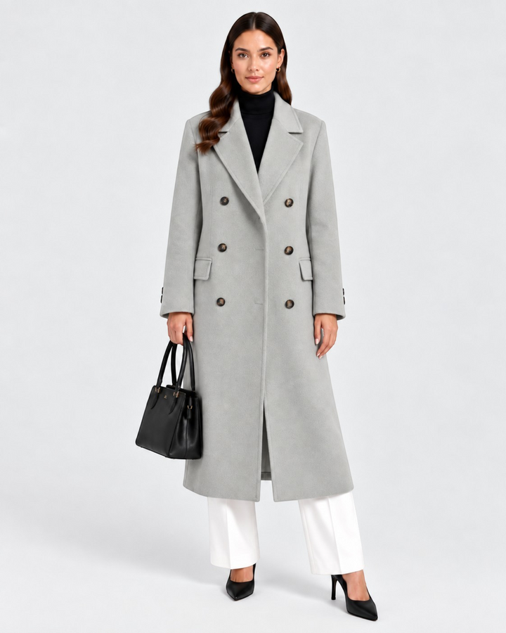 Luna Moda Giuditta double-breasted grey wool trench coat worn by a model with a black handbag and heels
