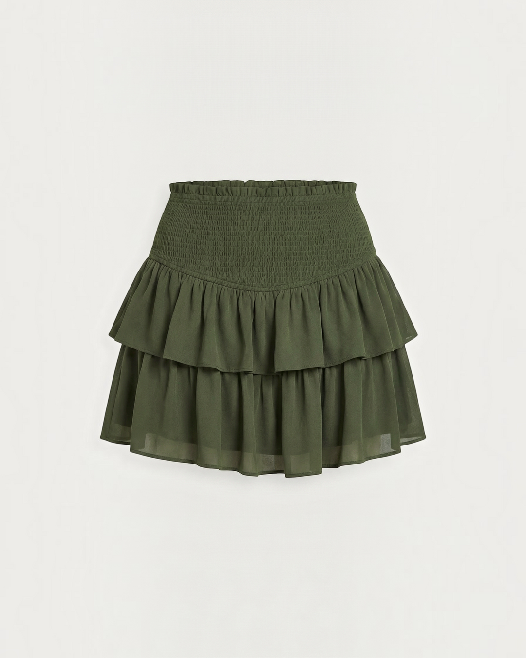 Luna Moda Grace olive green mini skirt with a high-waisted smocked waistband and layered ruffled hem.
