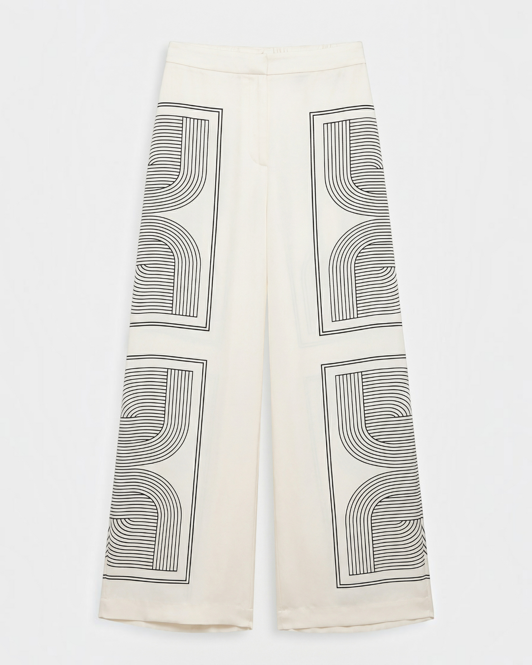 Luna Moda Demetra wide-leg trousers in cream with a black geometric graphic print and fluid, lightweight fabric.