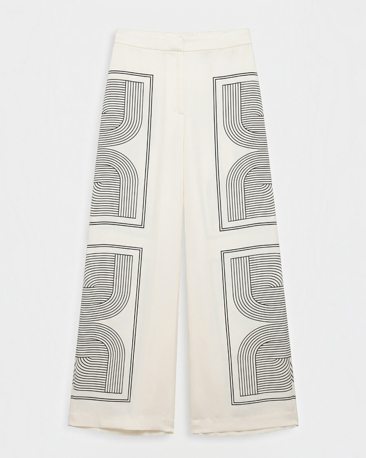Luna Moda Demetra wide-leg trousers in cream with a black geometric graphic print and fluid, lightweight fabric.