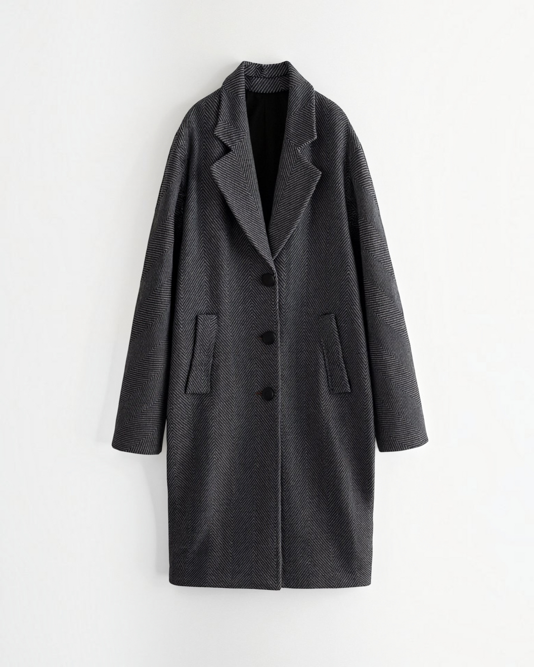 Luna Moda ANNALENA long grey herringbone coat with classic lapels and button closure against a white background