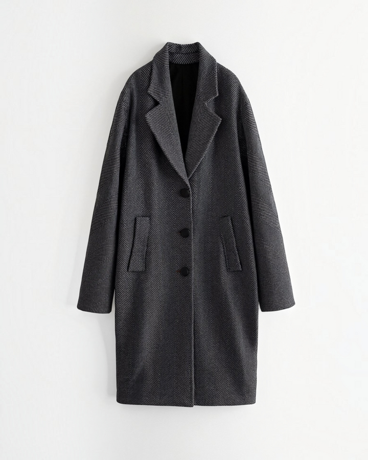 Luna Moda ANNALENA long grey herringbone coat with classic lapels and button closure against a white background