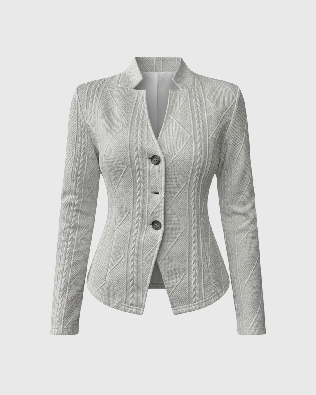 Luna Moda GRAZIA light grey textured knit blazer with a tailored fit, V-neckline, and three-button front closure.