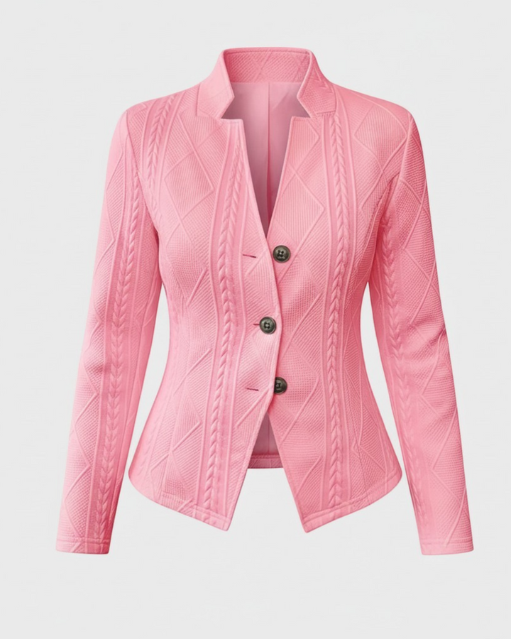 Luna Moda GRAZIA pink mid-season coat with textured cable knit pattern and three-button closure.