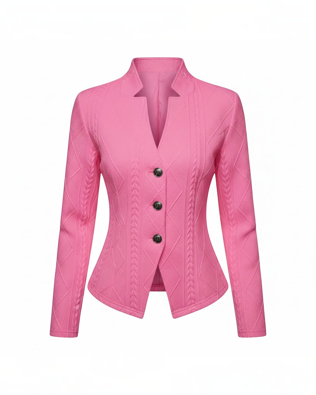 Luna Moda GRAZIA pink mid-season coat with a tailored fit, V-neckline, and textured cable knit pattern
