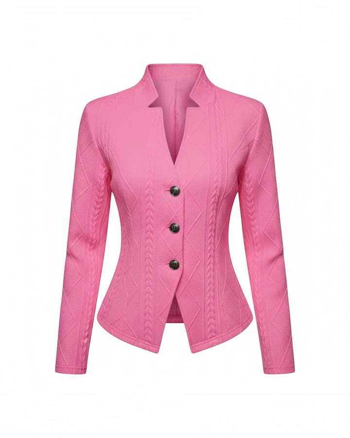 Luna Moda GRAZIA pink mid-season coat with a tailored fit, V-neckline, and textured cable knit pattern