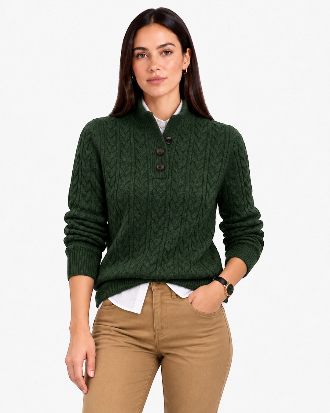 Luna Moda dark green cable knit sweater with high neck and three buttons worn by a woman over a white shirt