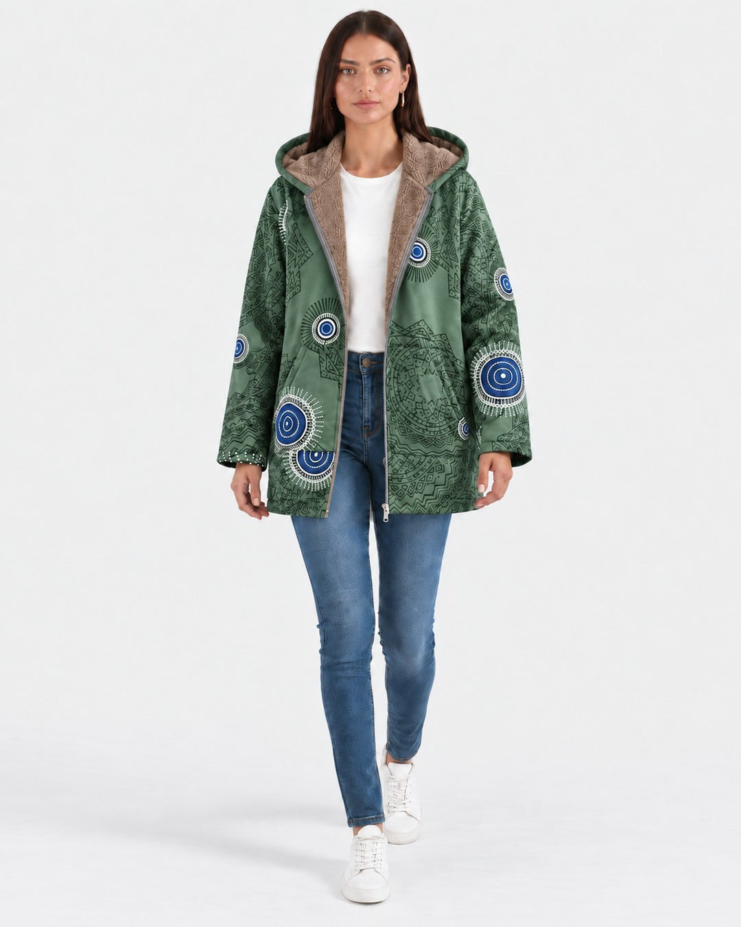 Luna Moda green hooded jacket with geometric patterns and soft sherpa lining worn by a woman with blue jeans